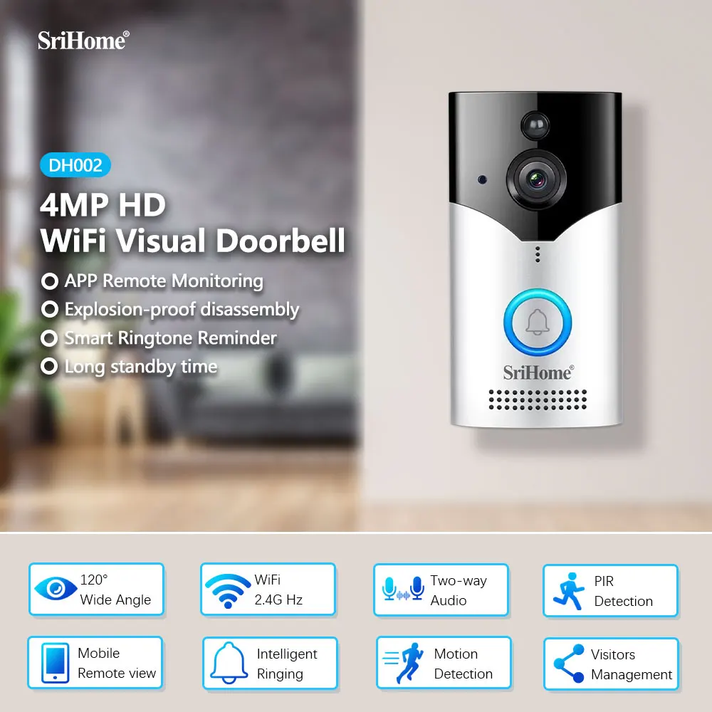 Srihome DH002 4MP Low Comsunption WIFI Doorbell Long Time Standby Visual Video Door Phone Intercom Door Viewer With Indoor Chime