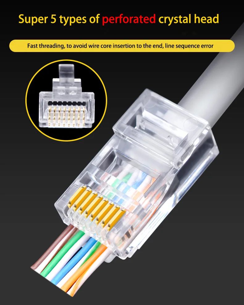 100pcs RJ45 Ethernet Cables Module Plug Network Connector For UTP Cat5 Cat5e RJ-45 Connector Network Cable Crystal Heads 8P8C