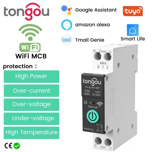 TUYA WiFi Smart Circuit Breaker Over current under voltage protection power metering 1-63A wireless Remote Control Switch TONGOU