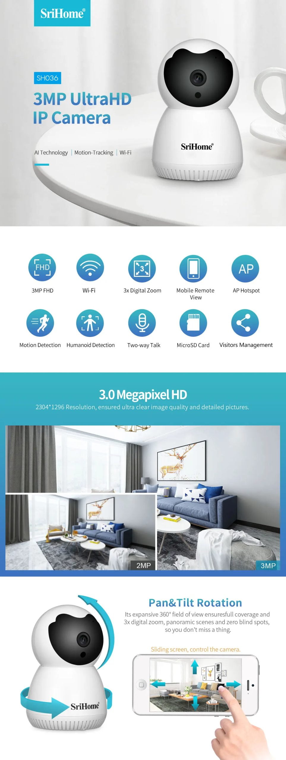 Sricam SH036 HD 3.0MP WIFI IP Camera Wireless Smart Home Baby Monitor 360° Mobile Auto-Tracking View Alarm Security CCTV Camera