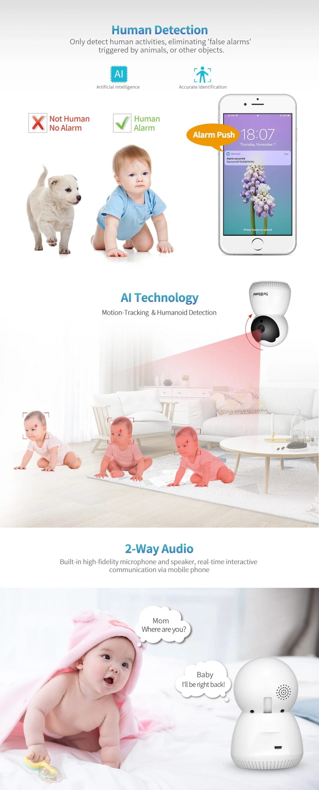 Sricam SH036 HD 3.0MP WIFI IP Camera Wireless Smart Home Baby Monitor 360° Mobile Auto-Tracking View Alarm Security CCTV Camera