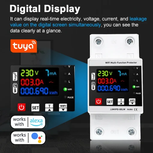 Tuya WiFi 80A Automatic Reclosing Protector Power Adjustable Electric Source Protecting Device Voltage Current Leakage Display - Image 3