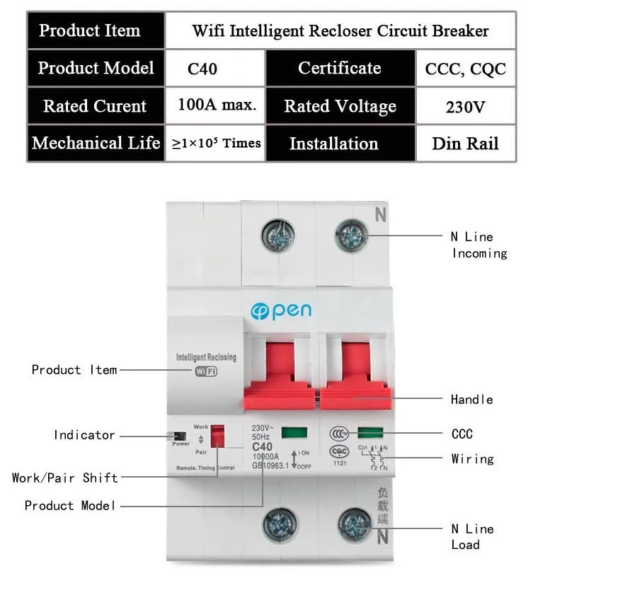 OPEN 2P 20A Remote control Wifi Circuit Breaker /Smart Switch/ Intelligent Automatic Recloser overload short circuit protection